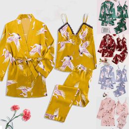 Satin Silk Pijamas Set Crane Print Women NightdrLingerie Robes Underwear Sleepwear Sexy Loungewear Robe Pizama Damska X0526