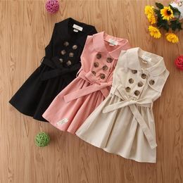 Kids Girls Dresses Double Breasted Children Dress Solid Sleeveless Girl Dresses Summer Toddler Clothes Boutique Kids Clothing 3 Color DW5583