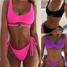 Heart Ring Neon Pink Push Up Bikini Set High Waist G String Swimsuit Strap Bandage Swimwear Female Bathing Suit Halter Top 210407