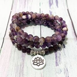 SN1501 Natural 6 mm Dearm Amethyst 108 Mala Bracelet Women`s Lotus Charm Yoga Mala Bracelet Meditation Japa Mantra Beads Jewellery