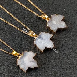 crystal agate quartz Australia - Natural Quartz Crystal Rock Cluster Gemstone Leaf Pendants Gold-plating Protection Lucky White Druzy Drusy Agate Geode Maple Leaves Hollow Love Heart Necklace