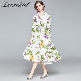 Autumn Fashion Runway Flora Shirt Women Long Sleeve Single-Breasted Flowers and Green Leaves Print Holiday Dress With Belt 210416