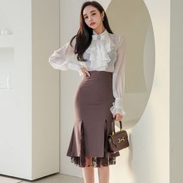 Women Runway Two Pieces Set White Long Sleeve Ruffle Chiffon Shirts Top + Lace Patchwork Mermaid Skirt Female Office Ladies Suit 210514