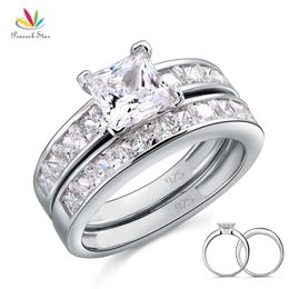 Peacock Star Solid 925 Sterling Silver 2-Pcs Wedding Engagement Ring Set 1 Ct Princess Cut Jewellery CFR8020 211217