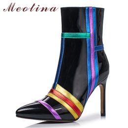Meotina Fall Ankle Boots Women Natural Genuine Leather Zip Thin Heel Short Boots Mixed Colors Super High Heel Shoes Lady Winter 210520