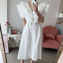 Fashion Korean Chic Vintage Single-breasted Ruffles Sweet Long Dress Women High Waist Lace Up Summer Robe Femme 210514