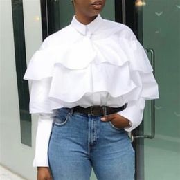 Women White Blouses Shirts Casual Ruffes Button Up Long Sleeves Loose Elegant Summer Ladies Fashion Famale Solid Blusas 210416
