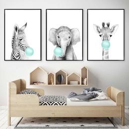 -Gemälde blaugrüne Blasen Elefant Giraffe Kinder Poster Tier Wandkunst Leinwand Babyzimmer Dekoration Bild Kindergarten Malerei Nordic Kid