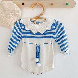 Infant Baby Girls Knit Stripe Rompers Clothing Spring Autumn Kids Girl Lotus Leaf Collar Long Sleeve Clothes 210429