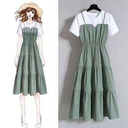 Plus size women's fashion summer waist slimming short-sleeved stitching dress women 210416