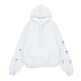 PERHAPS U White Strawberry Embroidery Sleeve Think Fleece Hoodies Pullovers Casual Women H0032 210529