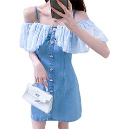 Basic Casual Dresses Single Collar Denim Stitching Suspender Sexy Dress Female Net Yarn Chrysanthemum Embroidery Mini Skirt Fashion Women's Clothing