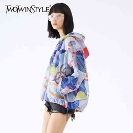 Print Casual Jacket For Women V Neck Puff Long Sleeve Pockets Hit Color Loose Jackets Females Summer Style 210524