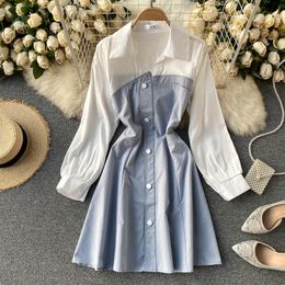 SINGREINY Women Elegant Blouse Short Dress Turn-down Collar Puff Sleeve Button A-line Dress Korean Fashion Streetwear Dresses 210419