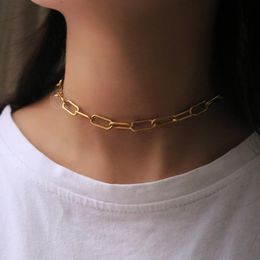 Chains 7mm Gold Tone Rectangle Chain Choker Necklaces Women Anti Allergy Stainless Steel Cable Paperclip Link Collar Adjustable KN183A