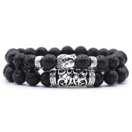 Charm Bracelets Fashion Couple Bracelet 2 Piece Sets Men Jewelry 8mm Natural Lava Stone Buddha Reiki Prayer Yoga Women Bileklik