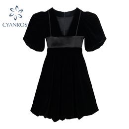 Summer Retro Black Crop Dress Women Short Sleeve Flannel Elegant Mini Dresses Party Club Fashion Rok Midi Vestidos Muejr 210417