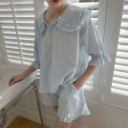 Summer Women's Lolita Princess Pajama Sets.Tops+Shorts.Vintage Ladies Girl's Turn Down Collar Pyjamas set.Sleepwear Loungewear 210928