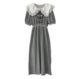Women Black Grey Lace Peter Pan Collar Dress Letter Print Pufff Short Sleeve Empire Knee Length D2701 210514