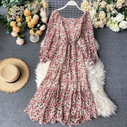 Vintage Square Collar Floral Print Dress Women Long Puff Sleeve Slim Ruffles A-line Spring High Waist Vestidos 210430