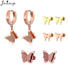 Jisensp Romantic Double Butterfly Earrings for Women Stainless Steel Jewelry Tiny Cartoon Animal Stud Earrings Girls Kids Gifts Q0709