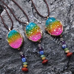 Natural Titanium Coated Druzy Geode Rock Crystal Rainbow Cluster Pendant Gold Plated Oval Colorful Quartz Agate Stone Necklace with 7 Chakra Gemstone Beads Tassel