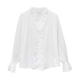 PERHAPS U Women Shirt Black White Beige V-neck Ruffle Lantern Long Sleeve Shirt Button Spring Summer Chiffon B0528 210529