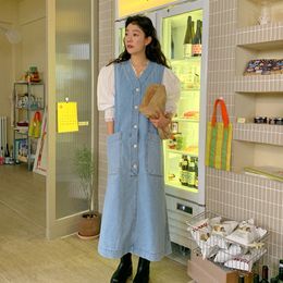 Women Blue Casual Big Size Single Breasted Dress V-neck Sleeveless Loose Fit Fashion Spring Summer 16F0670 210510