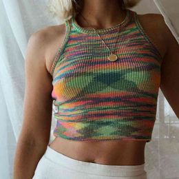 Fashion Trend Summer Rainbow Knitted Tank Tops for Women SleevelY2K Top Cropped Casual Outfits Streetwear X0507