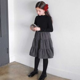 Girls Dress 2021 New Autumn & Winter Kids Plaid Dress Elastic Knit Top Patchwork Baby Princess Dress children Party Wool,#5405 Q0716