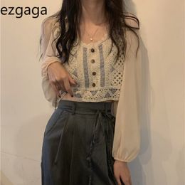 Ezgaga Hollow Out Blouse Shirts Women Chic Square Collar Patchwork Puff Sleeve Button Loose Korean Crop Tops Sexy Casual Blusas 210430
