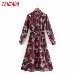 Tangada Fashion Women Bird Print Shirt Dress With Slash Vintage Long Sleeve Office Ladies Midi Dress XN108 210609