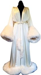 Maternity Evening Dresses Tulle Dressing Gown Women's Long Sleepwear Women Fur Sleeves Bathrobes Bridal Robe Warm Pyjamas with Belt