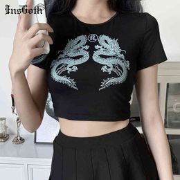 InsGoth Harajuku Sexy Black T-shirts Women Streetwear Gothic Dragon Print Bodycon Tops Casual Female Summer T-shirt Y0508