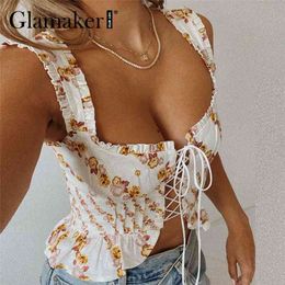 Glamaker Bohemia floral printed cami Women backless elegant lace up ruffles crop top Fashion holiday ladies fashion tank top new 210407