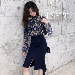 Summer Women 2 Piece Set Outfit Off Shoulder Flare Sleeve Chiffon Flower Shirt Top and High Waist Split Pencil Skirt 210416