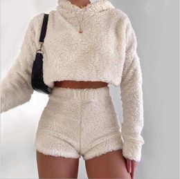 2PCS/Sets Sexy Fluffy Suits Velvet Plush Hooded Sleepwear Shorts+Crop Top Women Tracksuit Casual Sports Set Overalls Sweatshirts Y0625