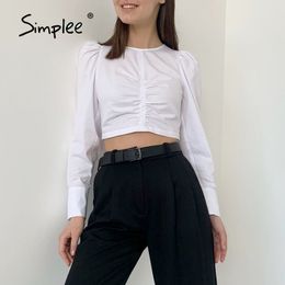 Casual puff sleeve O-neck pleated Blouse women short spring Solid office shirt High street style 210414