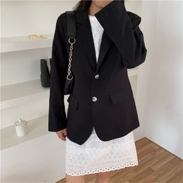 OL Work Wear Notched Casual Solid Minimalist Blazer Suit Jacket Autumn Spring Tops Formal Women Blazers Loose Coat 210421