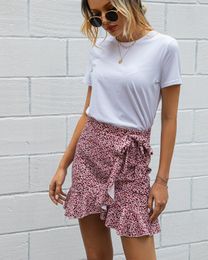 Summer Leopard Print Mini Skirts Women Ruffles High Waist Bow Tie Skirts Female Streetwear A-Line Beach Bottoms Clothing 210521