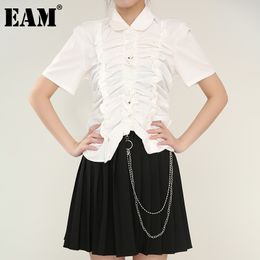 [EAM] Women White Pleated Ruffles Blouse Lapel Short Sleeve Loose Fit Shirt Fashion Spring Summer 1W29000 210512