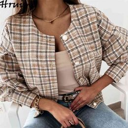 Fashion Clothes Long-sleeved Coat All-match Short Little Fragrant Wind Jacket Casual Single Breasted Plaid Fall for Women 210513