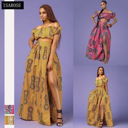 ISAROSE Lady 2 Pieces Sets Sexy High Slit African Maxi Dress Set for Women Slash Neck Puff Sleeve Rich Bazin Party Club Wear 210422