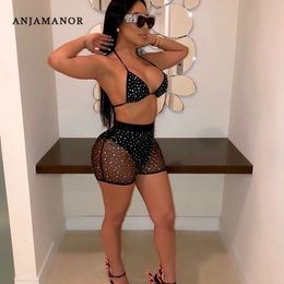 ANJAMANOR Sequin Mesh Black Sexy Two Peice Set Crop Top Shorts Summer Club Outfits for Women Clothes 2019 Matching Sets D41-AA59 X0428