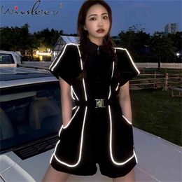 Romper Reflective Womens Shining Activewear Jumpsuits Casual Loose Short Sleeve Summer Playsuits with Belts D06707B 210421