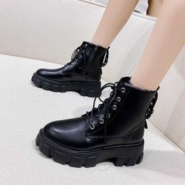 Fashion Platform Buckle Lace Up Winter Ankle Boots for Women Sneakers Casual White Black Chunky Heel Ladies Shoes Lace-up Y0914