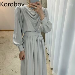 Korobov Korean Chic Maxi Dress Women Pleated Design Slim Waist Long Sleeve A Line Dresses Casual Vintage Vestidos Mujer 2D625 210430