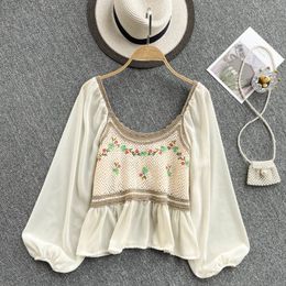 SINGREINY Women Design Korean Blouse Casual Fashion Chiffon Puff Sleeve Tops Spring Chic Splice Hook Flower Knitted Blouses 210419