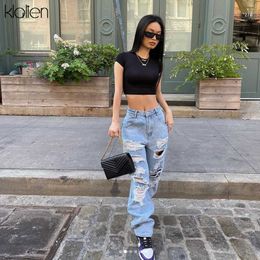 KLALIEN Street Casual Loose Hole High Waist Blue Solid Cotton Jeans Women Office Lady Wide Leg Jeans Autumn Cloth-Fitting Pant H0908