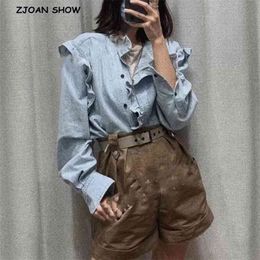 CHIC Korea Clothes Spliced Ruffles Stand Collar Casual Denim Shirt Single-breasted buttons Loose Women Blouse Tops 210429